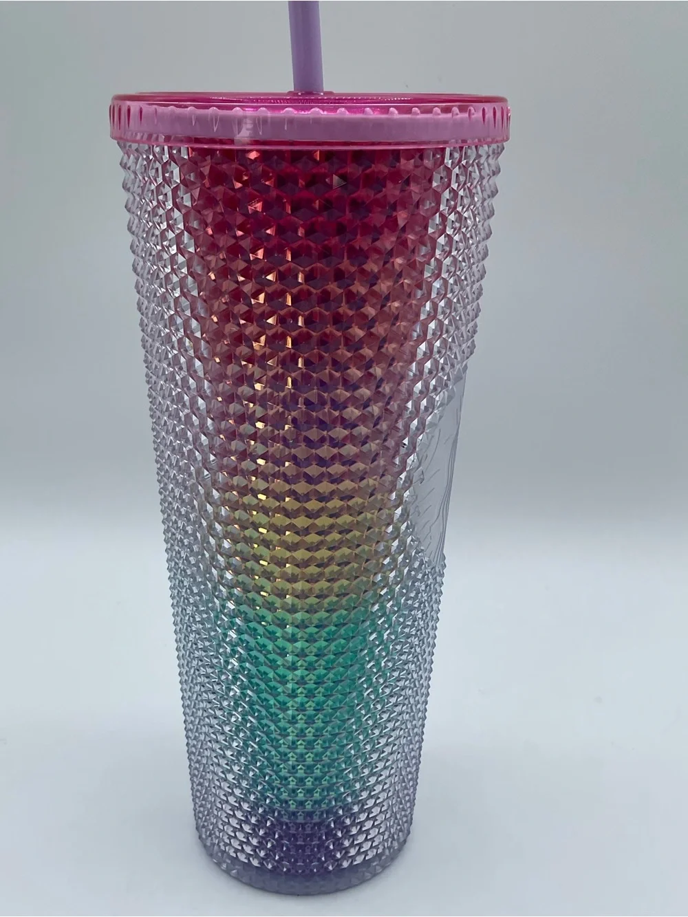 Starbucks 24 oz Jeweled Rainbow Iridescent Tumbler Pink Lid Straw Cold studded